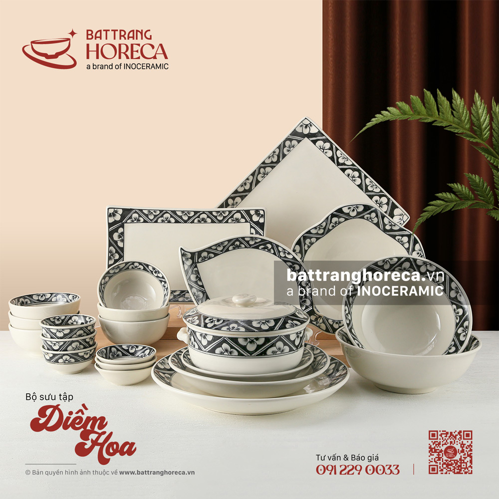 Bộ bát đĩa Diềm Hoa Bát Tràng - Bát Tràng Horeca Bộ bát đĩa Diềm Hoa Bát Tràng