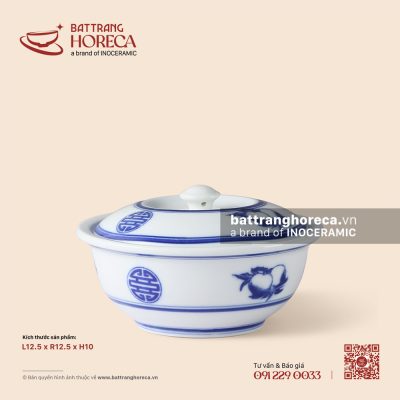 Âu súp (soup) + nắp 12,5cm – Thọ Đào – Men trắng