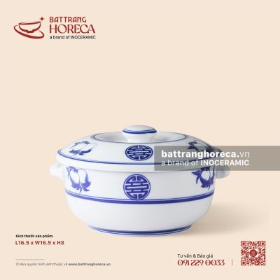 Âu (thố) cơm có tai + nắp 16,5cm – Thọ Đào – Men trắng