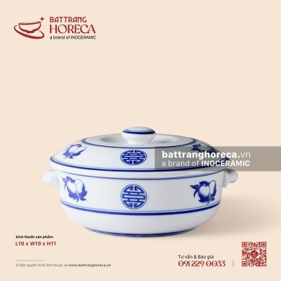 Âu (thố) cơm có tai + nắp 19cm – Thọ Đào – Men trắng
