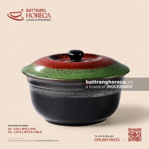 Âu (thố) cơm không tai + nắp 19cm - Dưa Hấu - Men hỏa biến