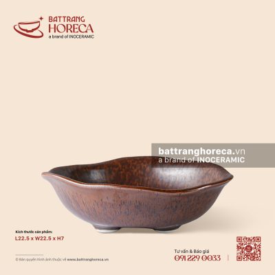 Bát bèo ba chân 22,5cm – Huyết Mộc – Men hoả biến