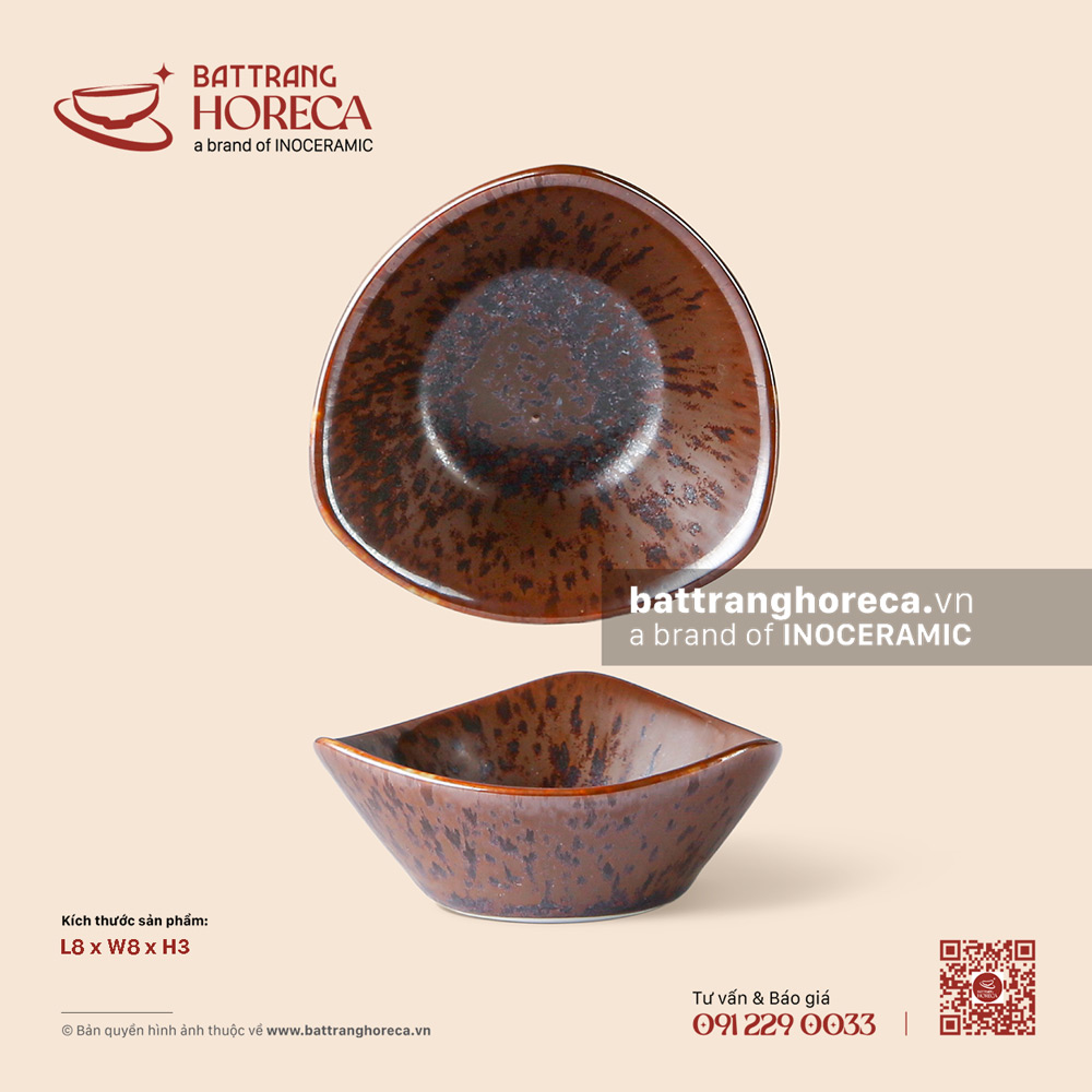 Bát (chén) chấm tam giác 8cm – Huyết Mộc – Men hoả biến - Bát Tràng Horeca Bát (chén) chấm tam giác 8cm – Huyết Mộc – Men hoả biến