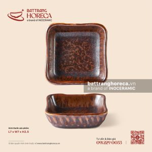 Bát (chén) chấm vuông méo 7cm – Huyết Mộc – Men hoả biến