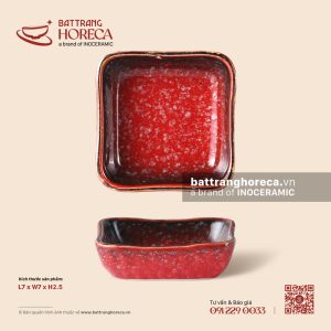 Bát (chén) chấm vuông méo 7cm - Hồng Ngọc (Ruby) - Men hoả biến
