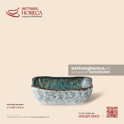 Bát (chén) chấm vuông méo 7cm – Lam Hải – Men hoả biến