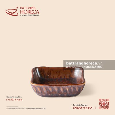 Bát (chén) chấm vuông méo 7cm – Huyết Mộc – Men hoả biến