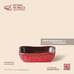 Bát (chén) chấm vuông méo 7cm - Hồng Ngọc (Ruby) - Men hoả biến