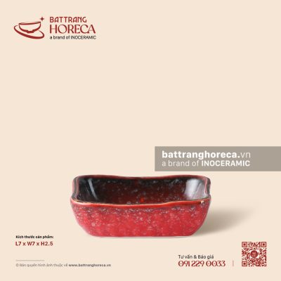 Bát (chén) chấm vuông méo 7cm – Hồng Ngọc (Ruby) – Men hoả biến
