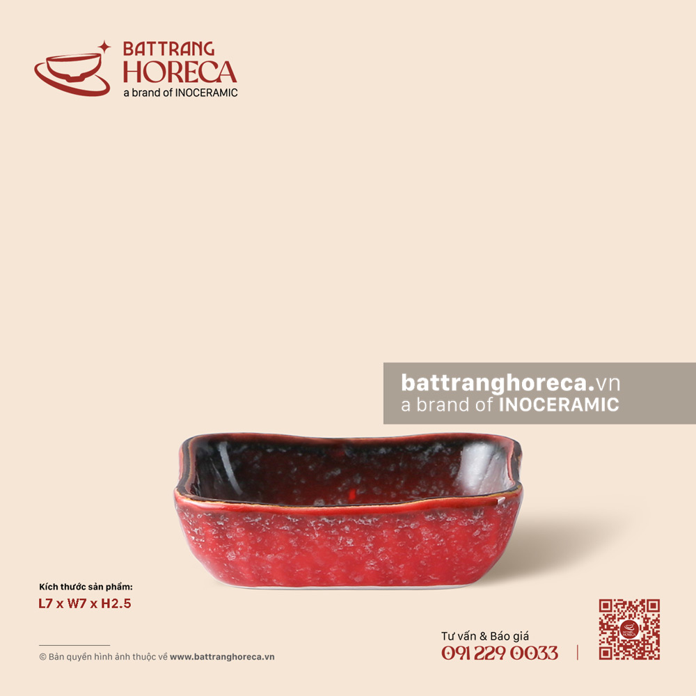 Bát (chén) chấm vuông méo 7cm - Hồng Ngọc (Ruby) - Men hoả biến - Bát Tràng Horeca Bát (chén) chấm vuông méo 7cm - Hồng Ngọc (Ruby) - Men hoả biến