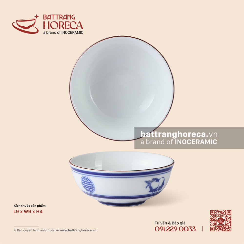 Bát (chén) mắm 9,5cm - Thọ Đào - Men trắng - Bát Tràng Horeca Bát (chén) mắm 9,5cm - Thọ Đào - Men trắng