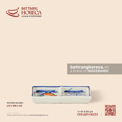 Bát (đĩa) gia vị chữ nhật 2 ngăn 12 x 6cm – Ô Kê – Men ngà