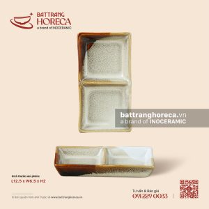 Bát (đĩa) gia vị chữ nhật hai (2) ngăn 12.5 x 6.5cm – Hạ Liên – Men hoả biến