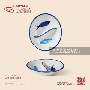 Bát (đĩa) gia vị oval hai (2) ngăn 10.5 x 9.5cm - Lam Ngư - Men ngà