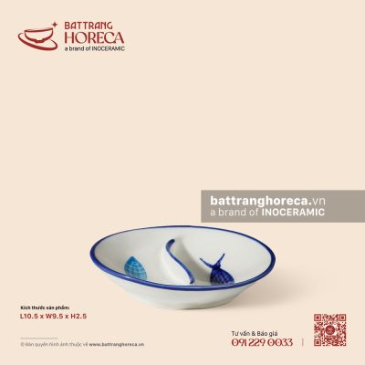 Bát (đĩa) gia vị oval hai (2) ngăn 10.5 x 9.5cm – Lam Ngư – Men ngà