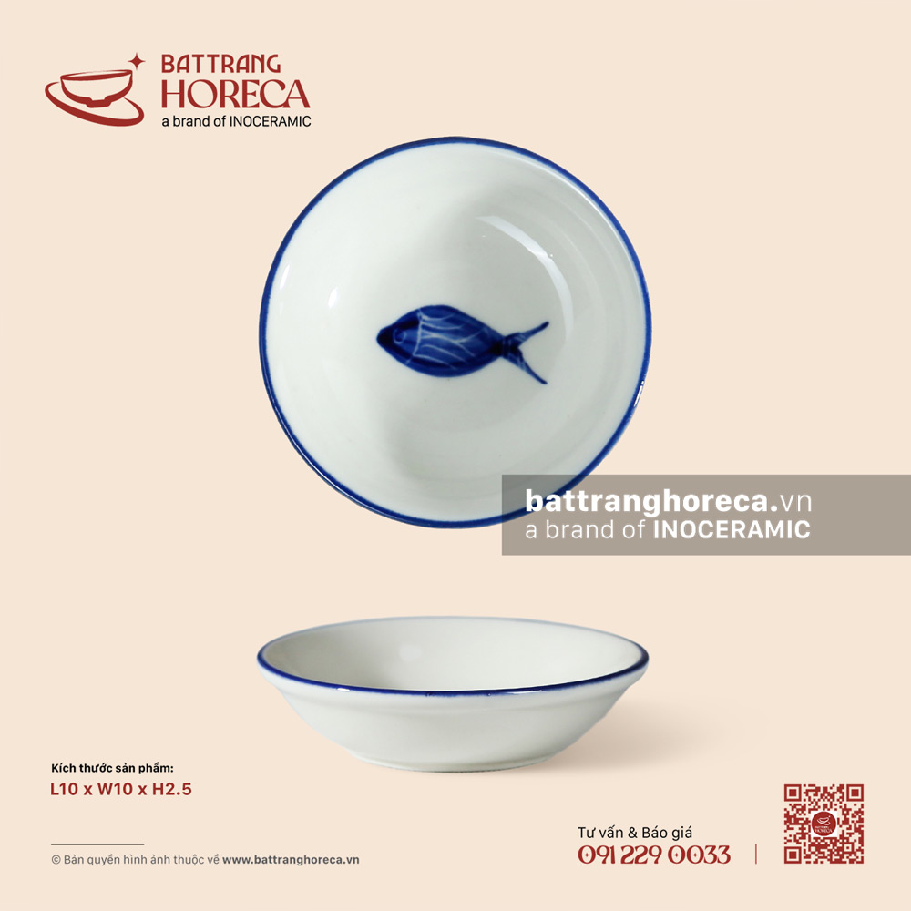 Bát (đĩa) gia vị tròn 10cm - Lam Ngư - Men ngà - Bát Tràng Horeca Bát (đĩa) gia vị tròn 10cm - Lam Ngư - Men ngà