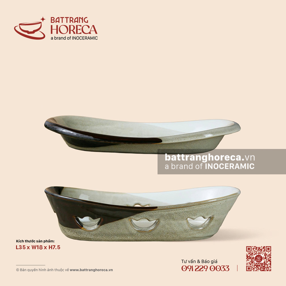 Bộ bếp hâm đĩa cá 35 x 18cm - Địa Nhã - Men hoả biến - Bát Tràng Horeca Bộ bếp hâm đĩa cá 35 x 18cm - Địa Nhã - Men hoả biến