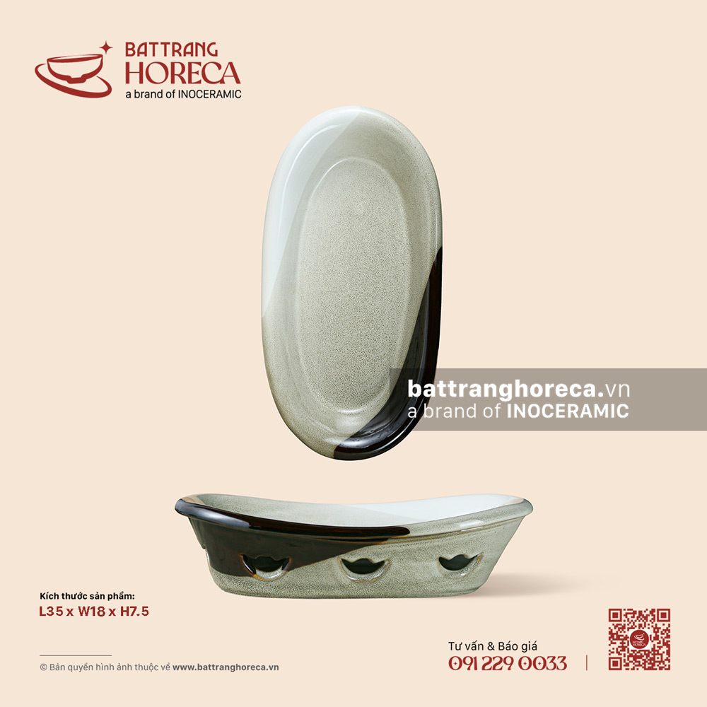 Bộ bếp hâm đĩa cá 35 x 18cm - Địa Nhã - Men hoả biến - Bát Tràng Horeca Bộ bếp hâm đĩa cá 35 x 18cm - Địa Nhã - Men hoả biến