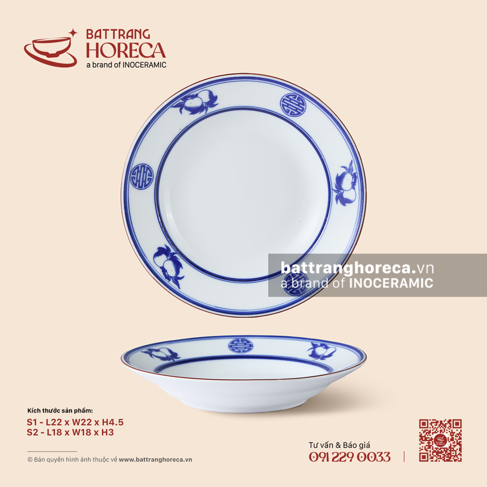 Đĩa 2 lá sâu lòng - Thọ Đào - Men trắng - Bát Tràng Horeca Đĩa 2 lá sâu lòng - Thọ Đào - Men trắng