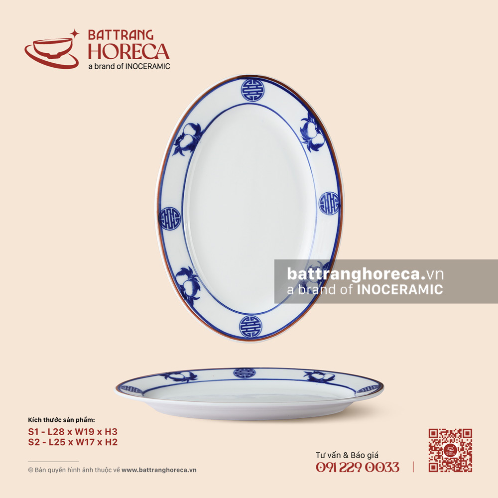 Đĩa bầu dục lá - Thọ Đào - Men trắng - Bát Tràng Horeca Đĩa bầu dục lá - Thọ Đào - Men trắng