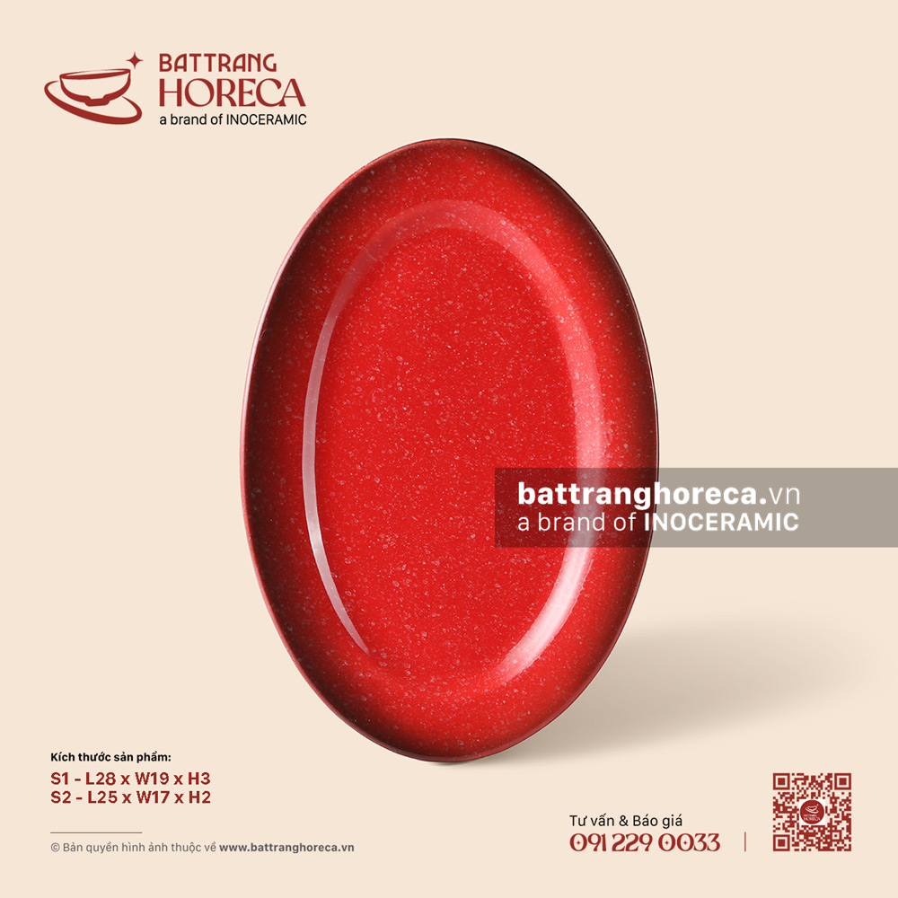 Đĩa bầu dục lá - Hồng Ngọc (Ruby) - Men hoả biến - Bát Tràng Horeca Đĩa bầu dục lá - Hồng Ngọc (Ruby) - Men hoả biến