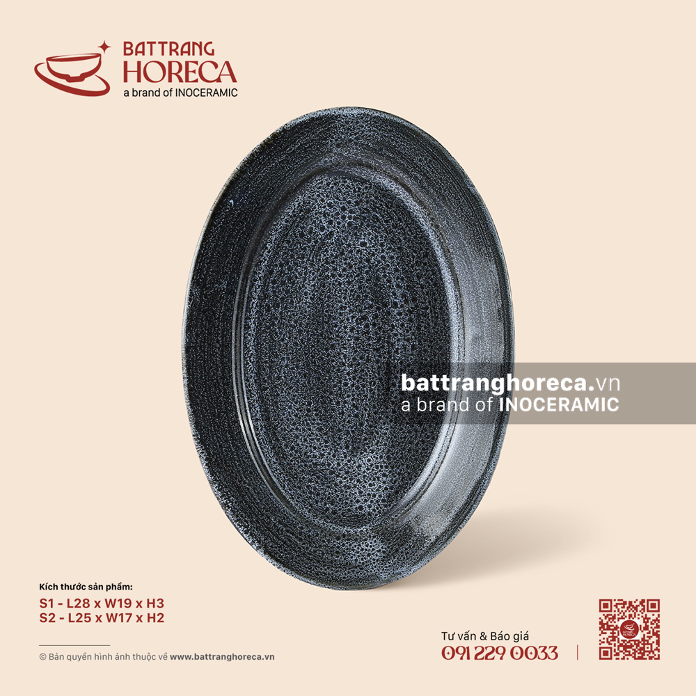 Đĩa bầu dục lá - Huyền Dạ - Men hoả biến - Bát Tràng Horeca Đĩa bầu dục lá - Huyền Dạ - Men hoả biến