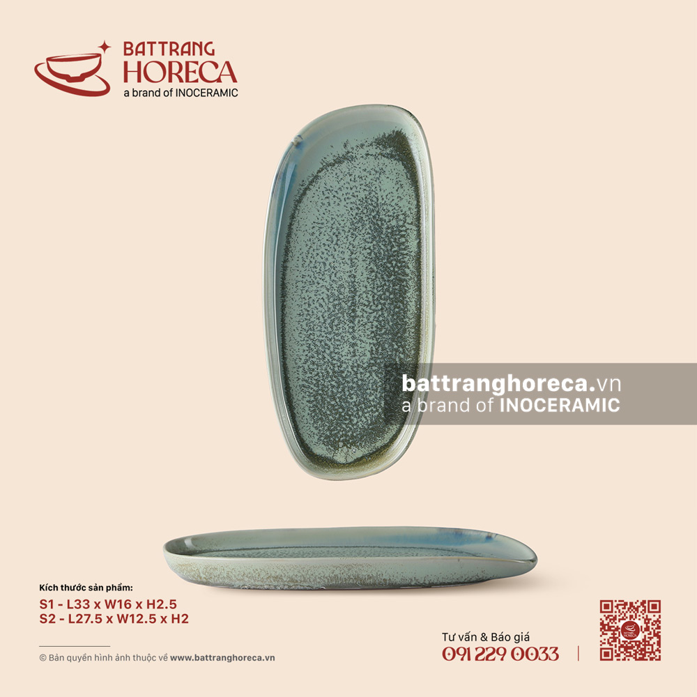 Đĩa bầu dục lệch - Mộc Lâm - Men hoả biến - Bát Tràng Horeca Đĩa bầu dục lệch - Mộc Lâm - Men hoả biến