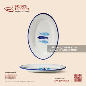 Đĩa bầu dục (oval) - Lam Ngư - Men ngà