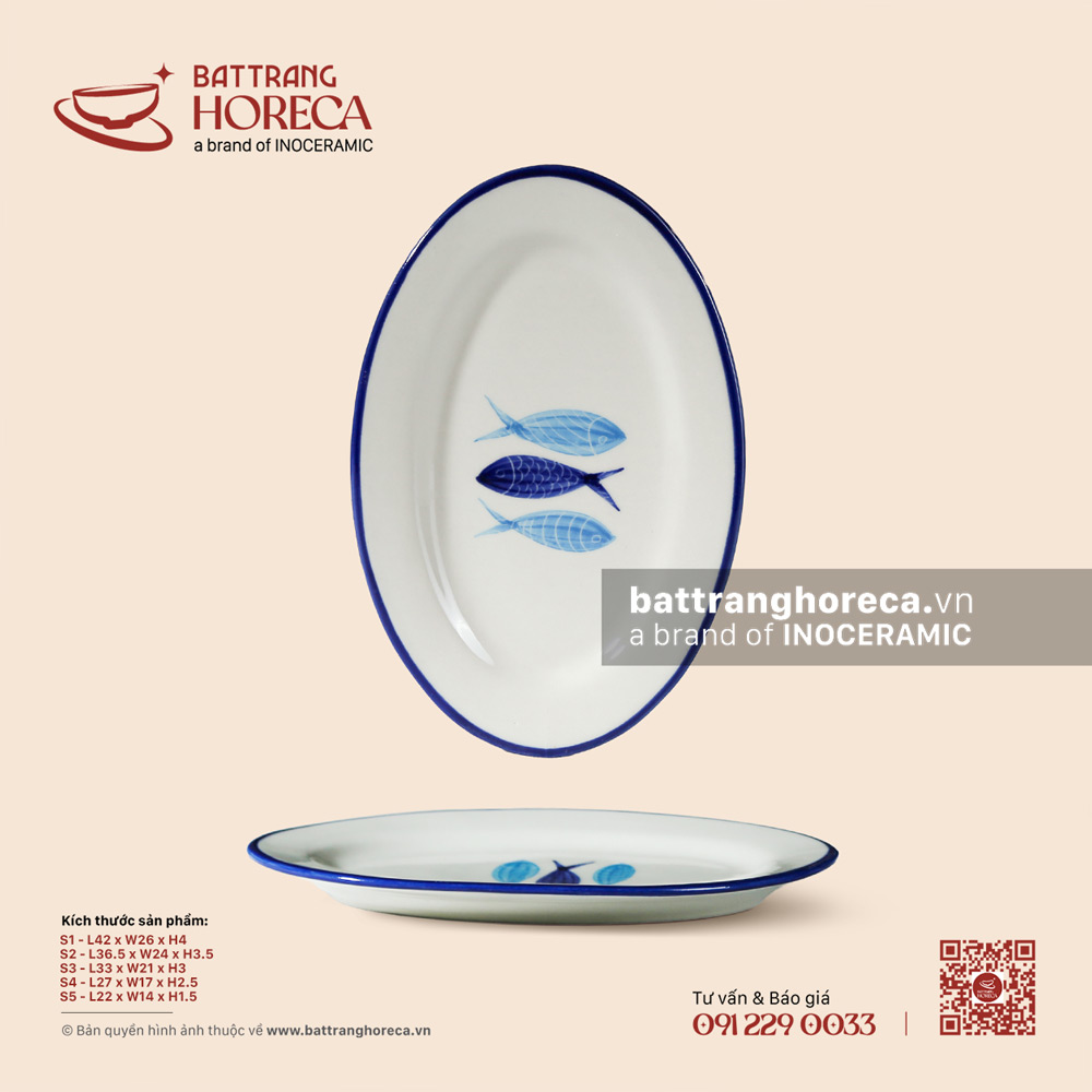 Đĩa bầu dục (oval) - Lam Ngư - Men ngà - Bát Tràng Horeca Đĩa bầu dục (oval) - Lam Ngư - Men ngà