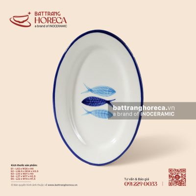 Đĩa bầu dục (oval) – Lam Ngư – Men ngà