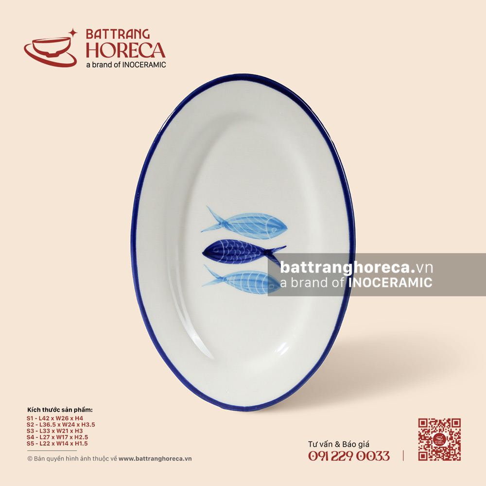 Đĩa bầu dục (oval) - Lam Ngư - Bát Tràng Horeca Đĩa bầu dục (oval) - Lam Ngư