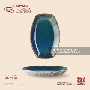 Đĩa bầu dục (oval) bo cạnh 22 x 15cm – Lam Hải – Men hoả biến
