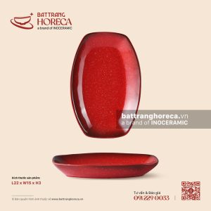 Đĩa bầu dục (oval) bo cạnh 22 x 15cm - Hồng Ngọc (Ruby) - Men hoả biến