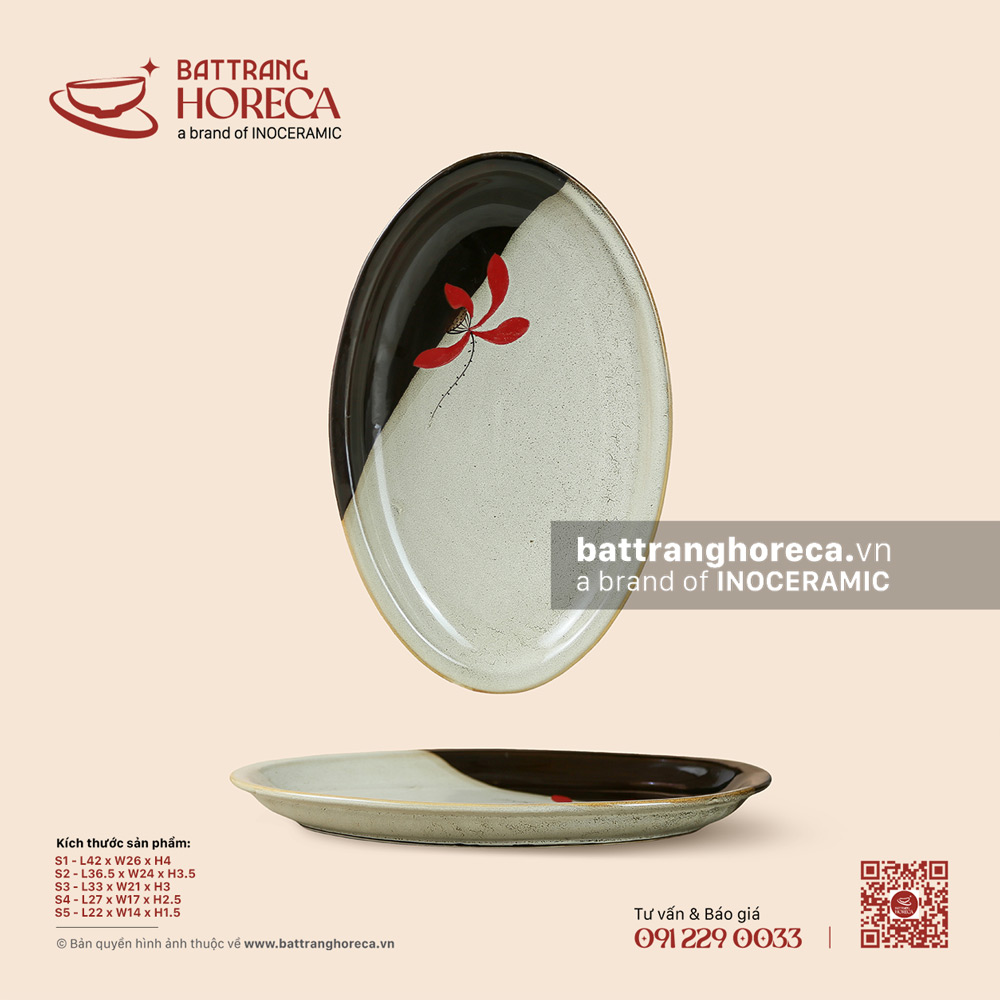 Đĩa bầu dục (oval) gờ – Hạ Liên – Men hoả biến - Bát Tràng Horeca Đĩa bầu dục (oval) gờ – Hạ Liên – Men hoả biến