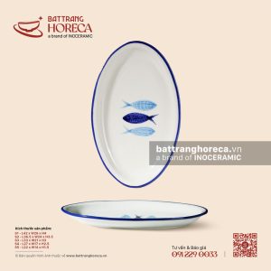Đĩa bầu dục (oval) gờ - Lam Ngư - Men ngà