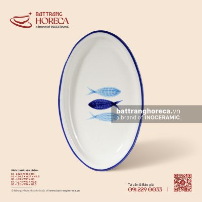 Đĩa bầu dục (oval) gờ – Lam Ngư – Men ngà