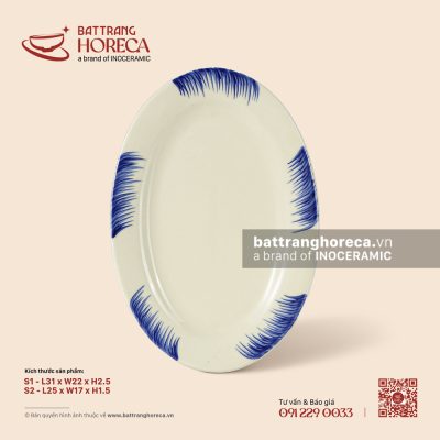 Đĩa bầu dục (oval) lá – Hương Đồng – Men ngà
