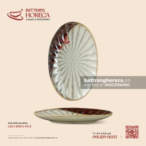 Đĩa bầu dục (oval) múi 32 x 20cm – Hạ Liên – Men hoả biến