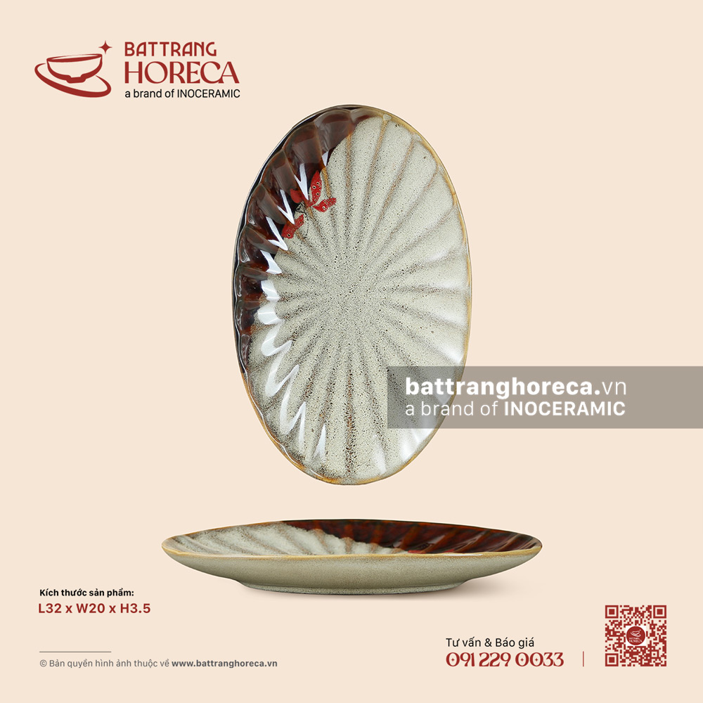 Đĩa bầu dục (oval) múi 32 x 20cm – Hạ Liên – Men hoả biến - Bát Tràng Horeca Đĩa bầu dục (oval) múi 32 x 20cm – Hạ Liên – Men hoả biến