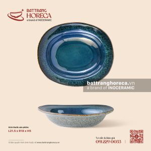 Đĩa bầu dục sâu (vành) 21,5 x 18cm – Lam Hải – Men hoả biến