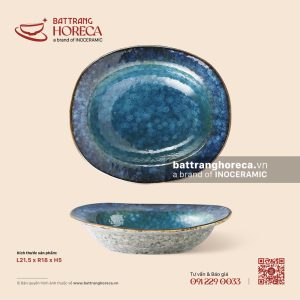 Đĩa bầu dục sâu (vành) 21,5 x 18cm - Tinh Vân - Men hoả biến