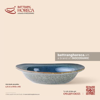 Đĩa bầu dục sâu (vành) 21,5 x 18cm – Lam Hải – Men hoả biến