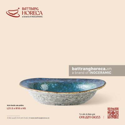 Đĩa bầu dục sâu (vành) 21,5 x 18cm – Tinh Vân – Men hoả biến
