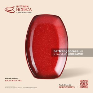 Đĩa bầu dục túm hai đầu 25,5 x 18,5cm - Hồng Ngọc (Ruby) - Men hoả biến
