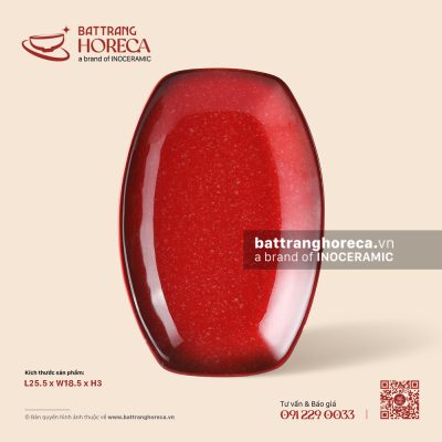 Đĩa bầu dục túm hai đầu 25,5 x 18,5cm – Hồng Ngọc (Ruby) – Men hoả biến