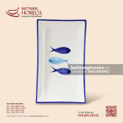 Đĩa chữ nhật ảo – Lam Ngư – Men ngà