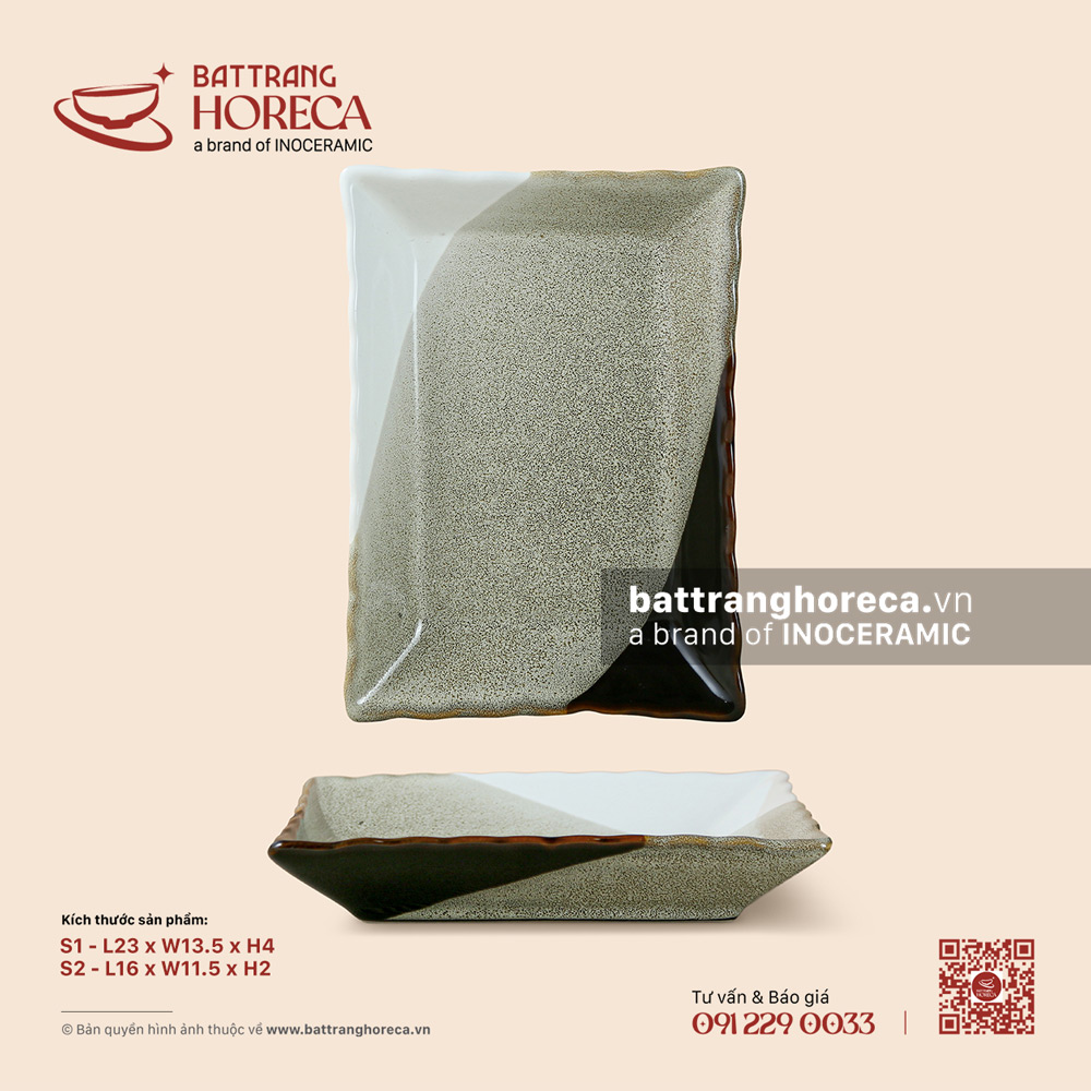 Đĩa chữ nhật miệng lượn - Địa Nhã - Men hoả biến - Bát Tràng Horeca Đĩa chữ nhật miệng lượn - Địa Nhã - Men hoả biến