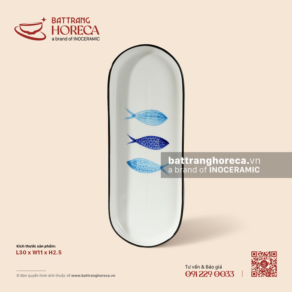Đĩa dài sâu lòng 30 x 11.5cm - Lam Ngư - Bát Tràng Horeca Đĩa dài sâu lòng 30 x 11.5cm - Lam Ngư