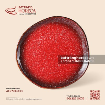 Đĩa dẹp méo 28cm – Hồng Ngọc (Ruby) – Men hoả biến