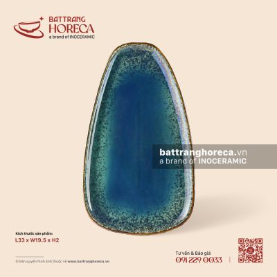 Đĩa hình thang ảo 33 x 19,5cm – Lam Hải – Men hoả biến